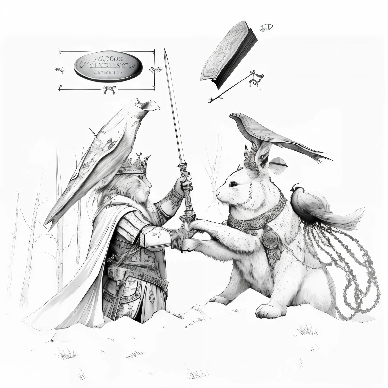 drawing of medieval rabbit with a sword, rpg rulebook illustration, concept illustration, official illustration, fantasy book illustration, а fantasy proto-slavic mythology, by Adam Marczyński, an illustration, high fantasy illustration, story book illustration, published concept art, epic pencil illustration, an illustration of
