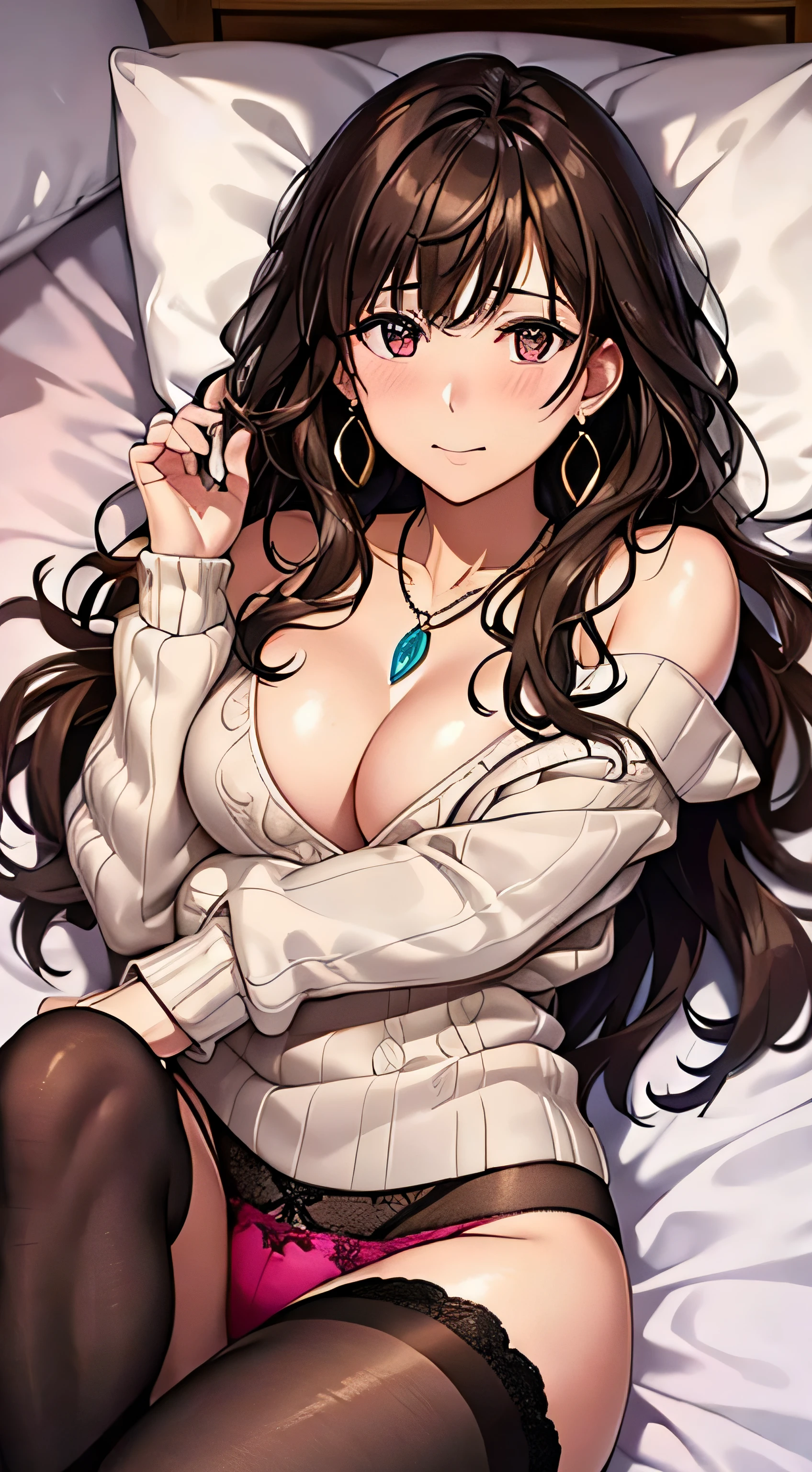 (table top, highest quality, High resolution, , perfect pixel, 4k,), 1 girl, single, alone, Beautiful woman、I could see the whole body、 ((wavy middle hair, bangs, brown hair)), ((brown eyes, beautiful eyelashes, realistic eyes)), ((detailed face, blush:1.2)), ((smooth texture:0.75, realistic texture:0.65, realistic:1.1, Anime CG style)), medium breasts, dynamic angle, perfect body, ((Pink lace panties are visible, beige off shoulder sweater、、black stockings、cute necklace、earrings、)), upper grade、shy smile、Luxury hotel room、sleep on your back in bed、((open legs))、angle from below、Put your arms together to accentuate your cleavage、、(())、