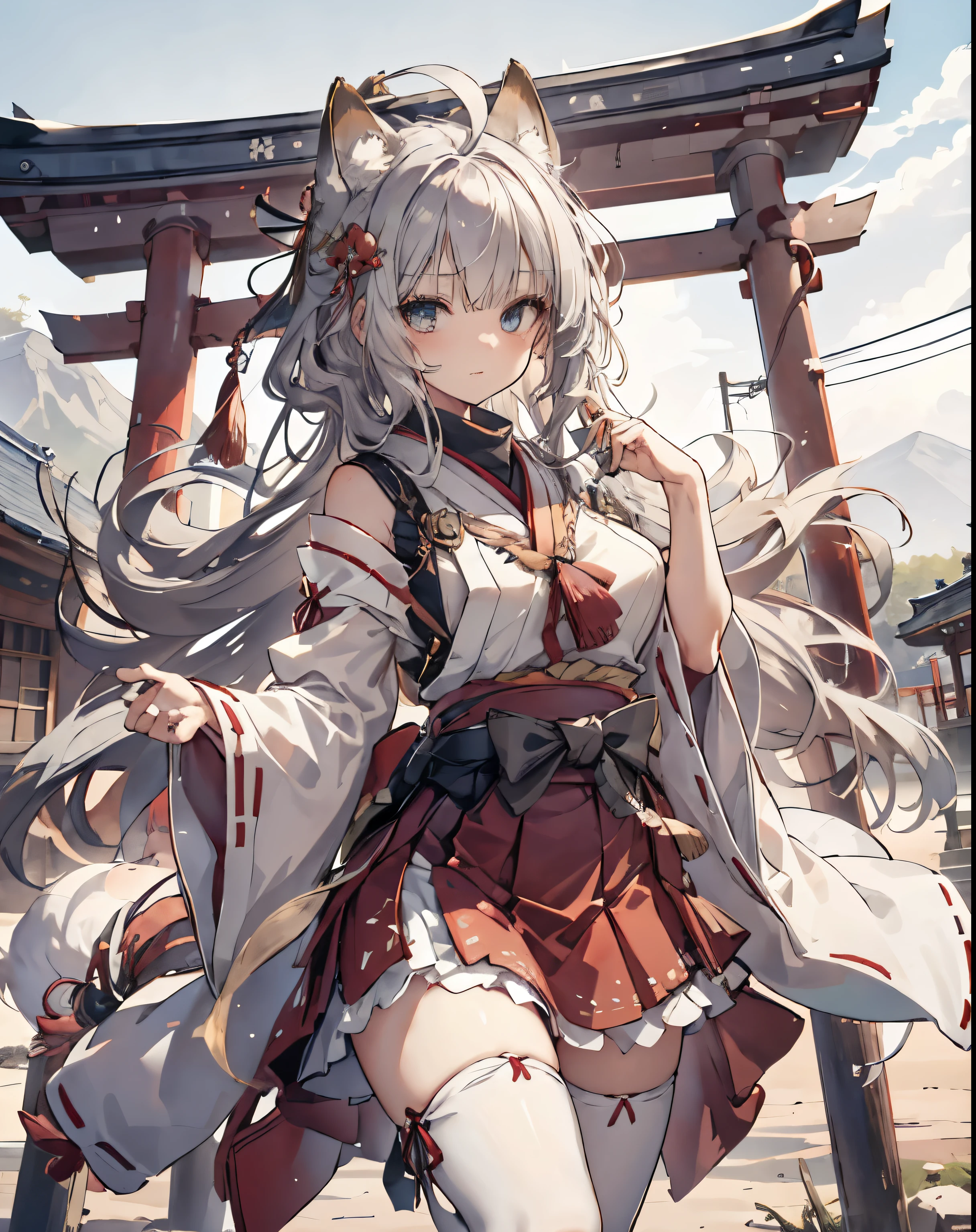 masterpiece, 1girl, sparrow, a silver haired girl, wearing a miko clothes, curly long hair, messy hair, slim body, he close her left eye, shirt ornament, aqua eyes, ahoge, baby face, huge breast, beautiful breasts, rounded breasts, long sleeves, beautiful eyes, white stocking, droopy eyes, skirt, red skirt, her age is 19 years old, shrine, flared skirt, tight haori, skirt, shrine maiden, japanese clothes, fox ear