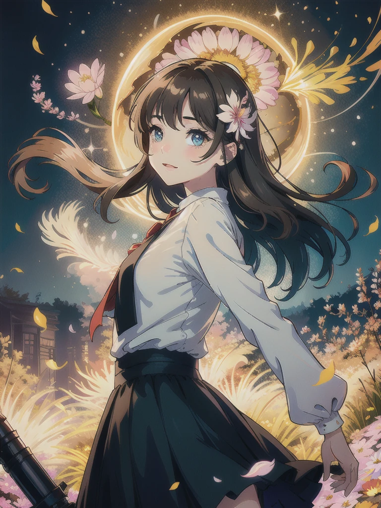 asuna, masterpiece, best quality, 1girl, (colorful),(finely detailed beautiful eyes and detailed face), cinematic lighting, bust shot, extremely detailed CG unity 8k wallpaper, light brown hair, white shirt, solo,smile, intricate skirt,((flying petal)),(Flowery meadow) sky, cloudy_sky, building, moonlight, moon, night, (dark theme:1.3), light, fantasy, 
big eyes:1.8, pupils sparkling, twinkle in the eye, sweet girl, the whole thing is shining, 
blurry background, (flare, backscatter), bokeh, depth of field, light particles, confetti, 