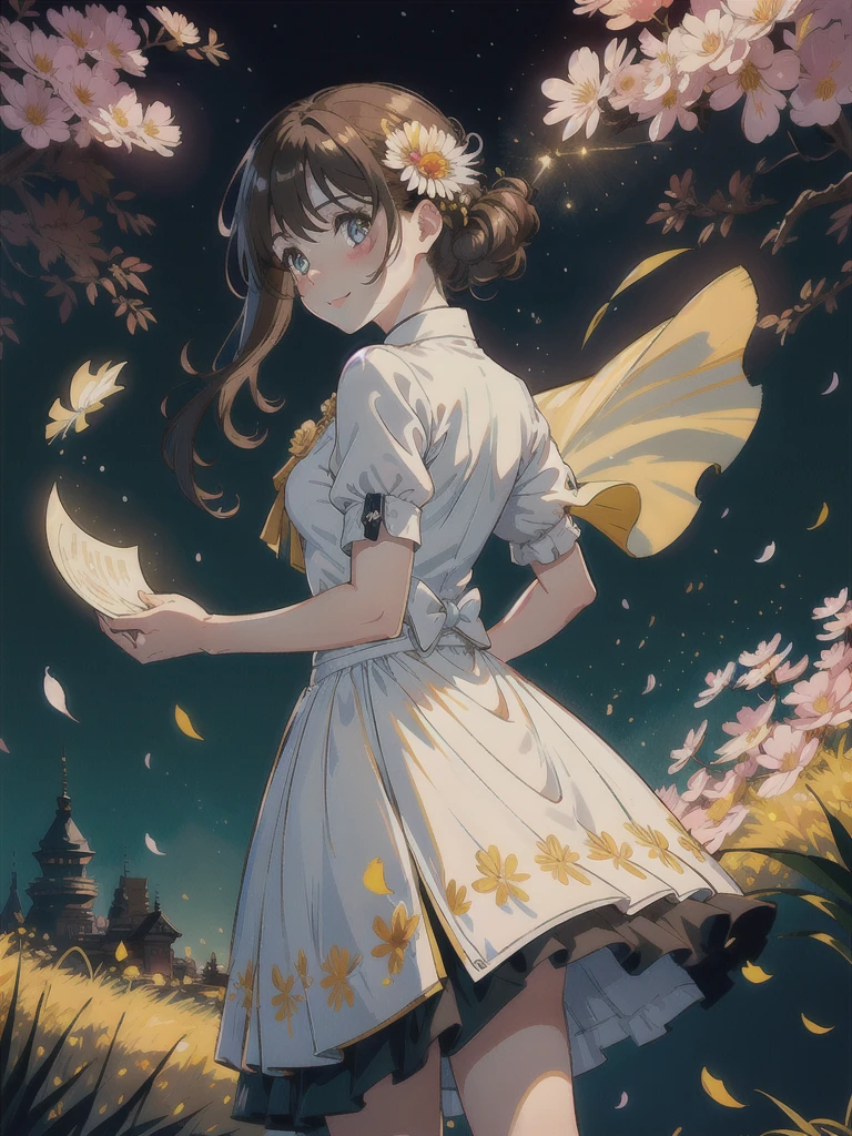 asuna, masterpiece, best quality, 1girl, (colorful),(finely detailed beautiful eyes and detailed face), cinematic lighting, bust shot, extremely detailed CG unity 8k wallpaper, light brown hair, white shirt, solo,smile, intricate skirt,((flying petal)),(Flowery meadow) sky, cloudy_sky, building, moonlight, moon, night, (dark theme:1.3), light, fantasy,
big eyes:1.8, pupils sparkling, twinkle in the eye, sweet girl, the whole thing is shining,
blurry background, (flare, backscatter), bokeh, depth of field, light particles, confetti,