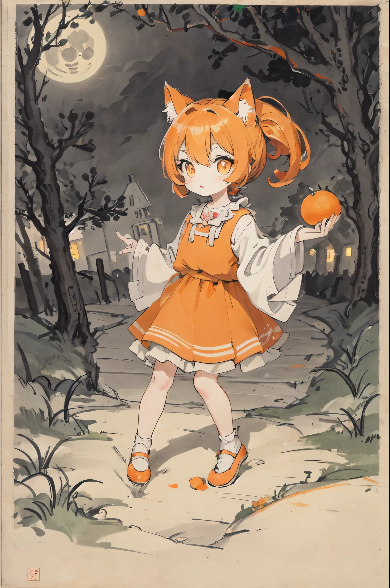 cat,orange,cute,big eyes,masterpiece,full moon,alley