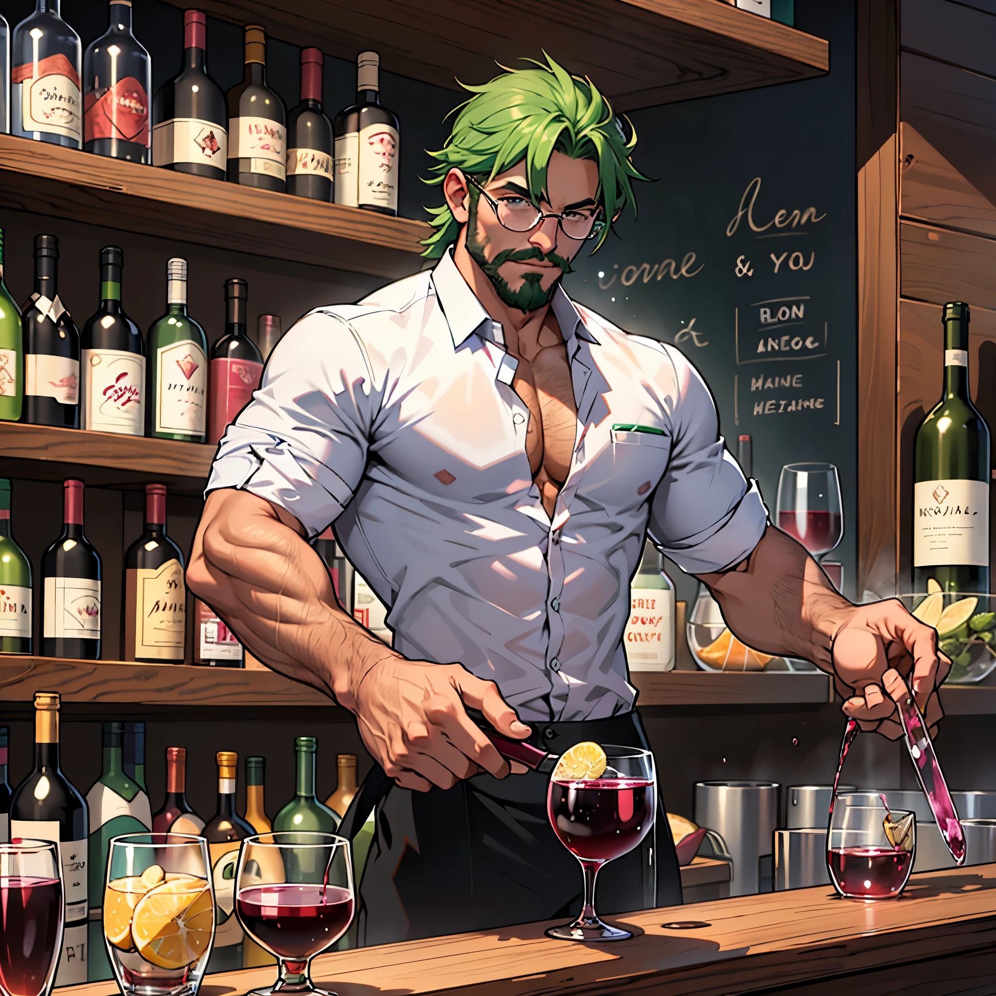 Homem, cabelos verdes longos e finos, sem barba nem bigode, wearing pink transparent glasses of a more rectangular shape, mais definidos barrigens, behind a bar patio cleaning a wine glass, estilo de arte MeinaUnreal.

(Man, green long and fine hair, no beard nor mustache, wearing pink glasses with little transparency, more rectangular shape of the glasses, defined abs, behind a bar counter cleaning a wine glass, MeinaUnreal art style.)