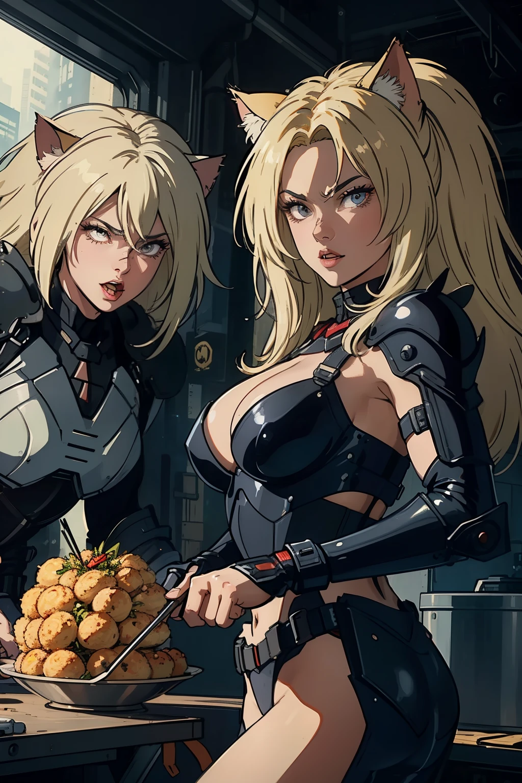 ((highest quality)), ((masterpiece)), (be familiar with), (High definition), 8K, perfect face、2 women、Two blonde women with cat ears、(Eating takoyaki:1.0), (mouth wide open)、tall、2 Blonde cat ears、2. Long Hair、2. Volumetric hair style、big breasts、constricted waist、big ass、glamorous、Glamorous、protector、Armor、combat suit、combat boots、armed、Equipped with large firearms、In front of the tank、cinematic、best shadow、side lighting、NEO TOKYO、explosion、(close up of face)