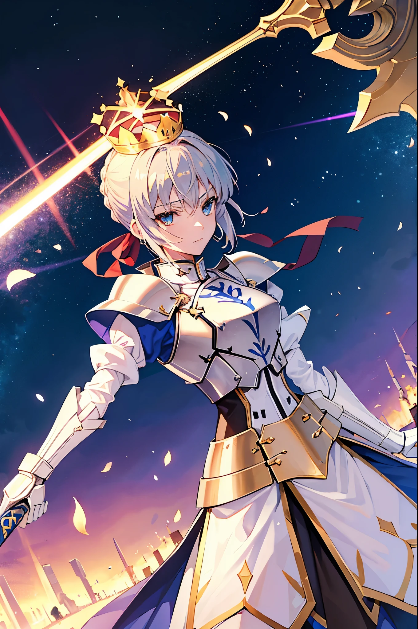 Saber Fate Stay Night, paladin outfit, great pauldron, armor hand glove, golden crown, holding excalibur, royal aura, slashing effect around, ribbon on hair, perfect body shape, sharp blue pupil, masterpieces, best anime 4k wallpaper quality, fantasy style art, river background