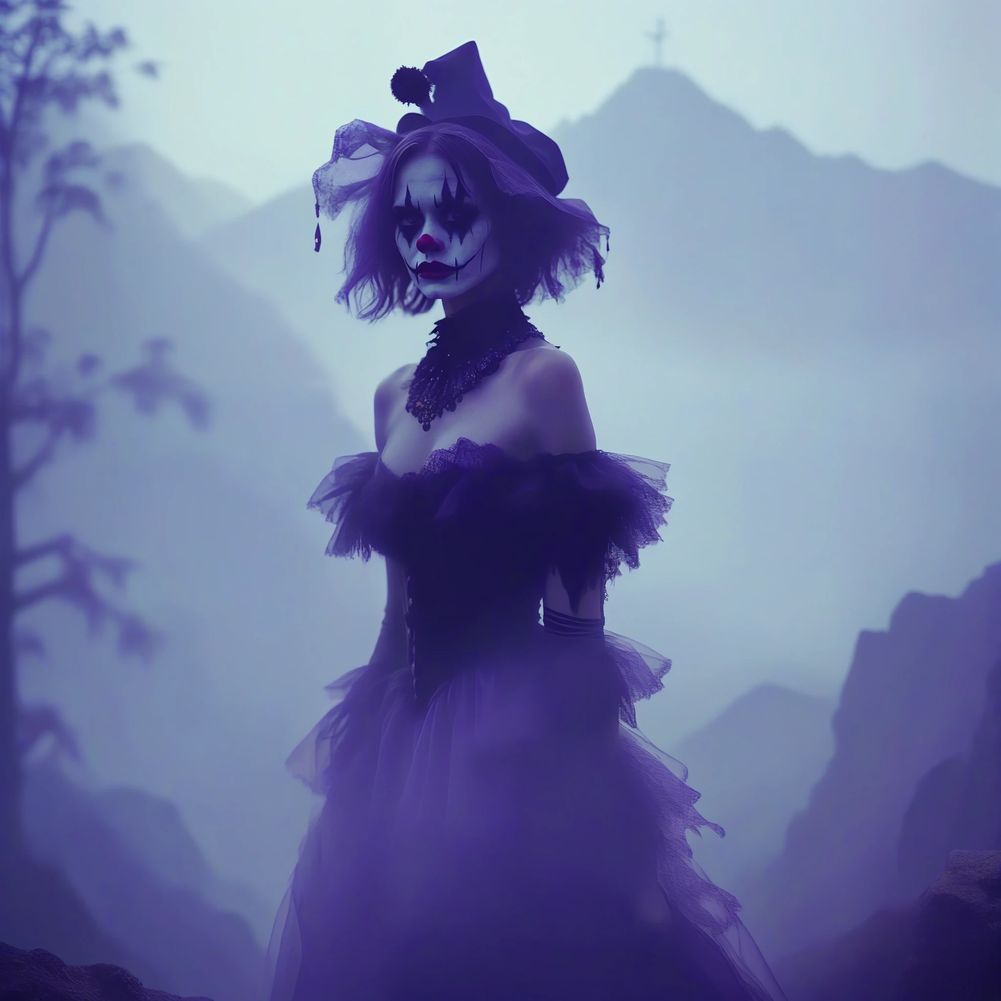 A place with a morbid look that resembles a funeral, (foggy:1.2), silhouetted in soft shadow (full body photograph:1.2) (Purple Mountain Majesty clown outfit:1.3) (beautiful supermodel:1.1) hands behind her back detailed background bokeh