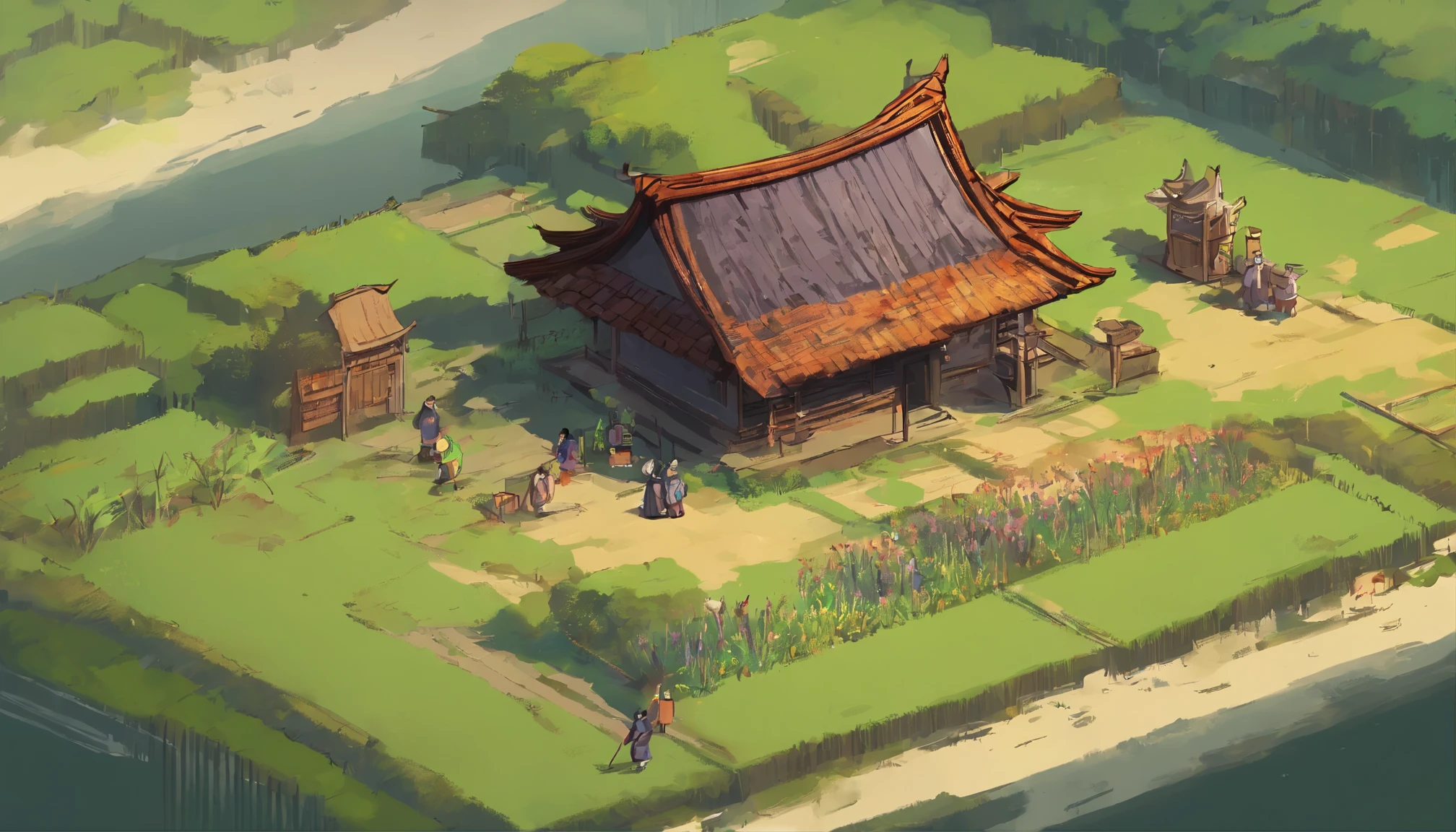 top-down perspective,Pastoral scenery,Ordinary thatched house,There is a field outside the yard,There are people working in the fields,Chinese style,