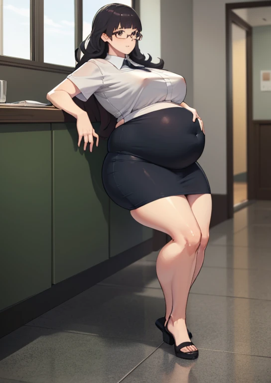 (masterpiece, best quality, highly detailed), 1girls, big belly, huge belly, art by kipteitei, round belly, chubby, curvy, belly grab, enormous belly, fat belly, thicc, bigger belly, really big belly, jiggly belly, shirt covering belly, belly cover by shirt, glasses, ((full body)), long hair