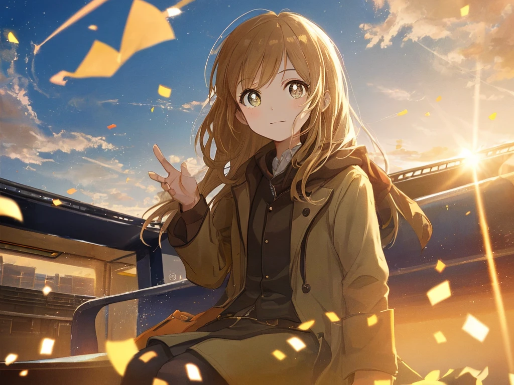 tmasterpiece，best qualtiy，cinematic Film still from，Boy sitting in the train，Girl on the platform，​​clouds，Floating in the sky，Close-up view，brightly，cheerfulness，Warm and soft lighting，the sunset，（spark of light:0.7),
pastel colors, sepia, lens flare abuse,
big eyes:1.8, pupils sparkling, twinkle in the eye, sweet girl, the whole thing is shining, 
blurry background, (flare, backscatter), bokeh, depth of field, light particles, confetti, 
