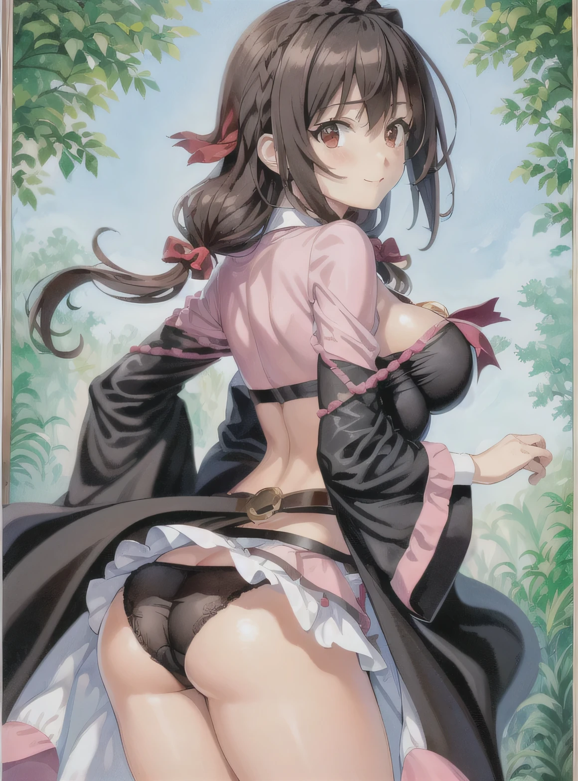 back view, big butt, stick out one's butt, Skeleton panties, Show panties, ((show your butt:1.5)), ((Take off your panties with both hands:1.5)), ((butt crack:1.6)), ((half ass:1.5)), colorful, 1 girl,at the park, night view, evening,joy,origin,(beautiful face),(realistic face, perfect eyes,1.1),analog style,RAW,real life photo,medium quality,normal aesthetic,break,1girl,(japanese girl:1.1),(round face:1.3),break,(intricate underwear),(masterpiece, highest quality, 16K), delicate, Detailed, Sharp, 1 girl, Yunyun,long hair,Braid,twin tails,hair between eyes,hair ribbon,hair ornaments,big breasts,(cape:1.2),tie,shirt,pink shirt,long sleeve,belt,pink skirt,pantyhose,loafers,brown footwear, big breasts, blush, smile, looking at the viewer, ((A 1990s-style painting:1.3)), skirt lift, panties, impressionism, professional lighting
