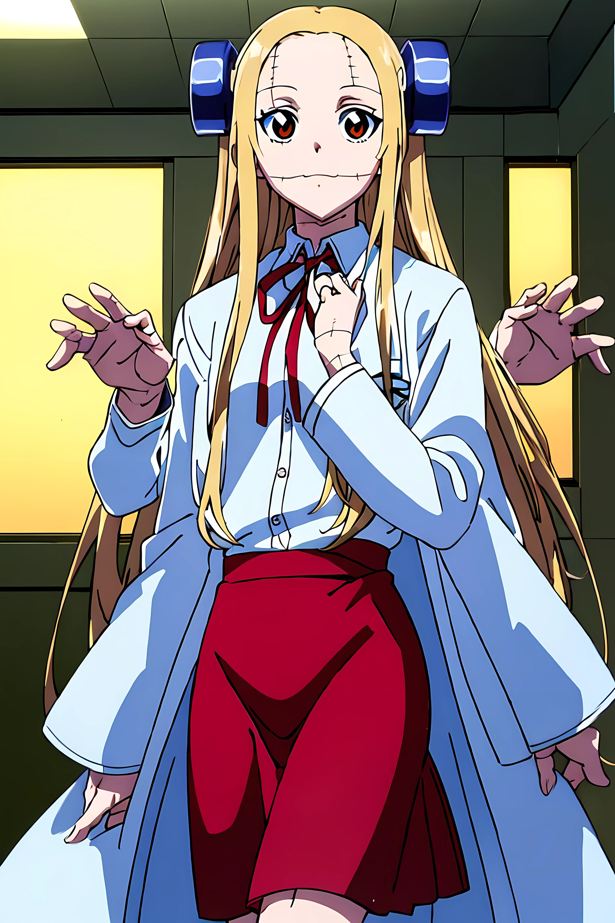 (highest quality:1.3),(ultra-become familiar with:1.5),High resolution,extremely become familiar with CG,unity 8k wallpaper,official art,become familiar with,super become familiar with skin,perfect anatomy,beautiful become familiar with eyes,(anime screenshot:1.11),very delicate and beautiful,(90s anime,90s anime style,cel shaded anime:1.17),1 girl,anmnr,
((madaraki_fran:1.52)),Light blonde long hair,brown eyes,((((wearing a white coat)))),stitch,body scars,creepy look,open mouth smile,