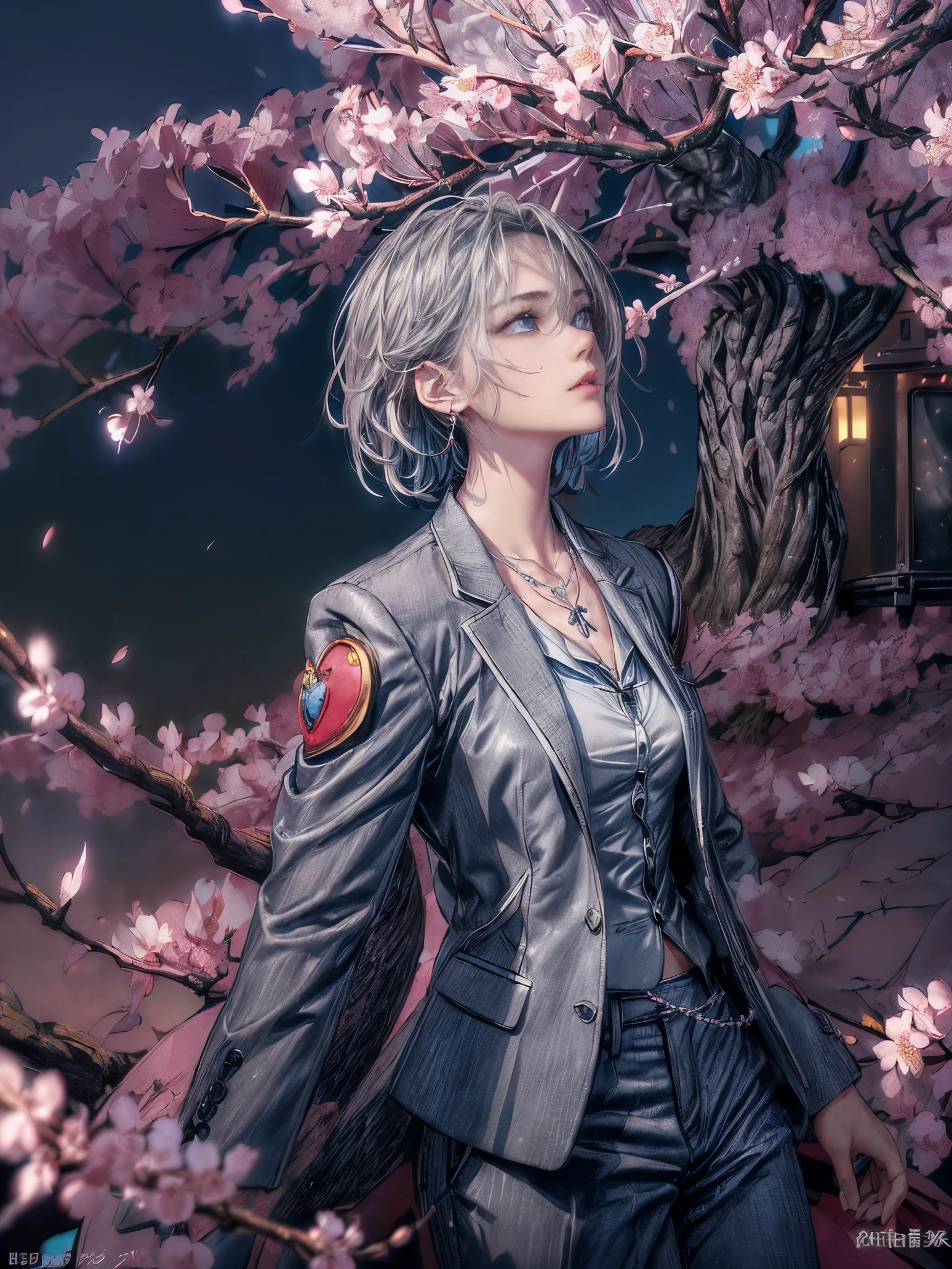 cinematic lighting、highest quality,Bright cyberpunk world、1 female、(25 year old beautiful woman、detailed beautiful facial 、short hair、shoulder length hair、blue eyes:1.4)break,medium hair、(vivid Shiny gray hair color:1.6)
break
(Perfect dark grey jacket blazer、Dark gray trousers:1.3), (white collar shirt👔、Silver Cross Necklace:1.3)、break.
(Cherry blossom viewing in the park at night:)break、(Cherry blossom tree with falling leaves、Cherry blossoms at night:1.4)(portrait angle、Angle looking up from below)