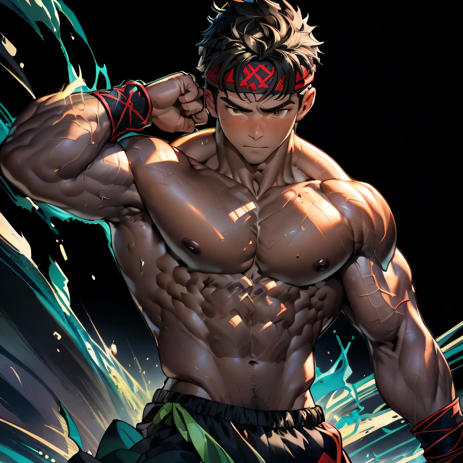 (Masterpiece, Best quality 19 year old boy, black background), solo, Young, boy, muscler, Shirtless, topless, (Dark Short straight hair, under cut, brown eyes), (red headband, ((black wristband))), Vivid colors, (hot Abs:1.2, abs!, big abs, big breast:1.2, chest!, muscler upper arms, clenched fist), (topless male), muscler!, muscler body, Man with martial arts stance, (aura power:1.4), detailed face, detailed muscle, (((A magical turquoise mystical aura, random fighting pose, powerful, action, rippling muscles, fighting with enemy, concentrate, Fotografia de combate)))