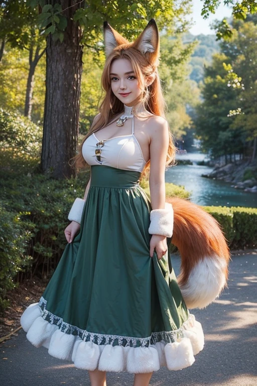 ((highest quality)), ((masterpiece)), (get used to it), perfect face, fox girl, Beautiful woman, public, A tail is growing, she has a fluffy tail, she has a fox tail, she shows her tail, smile, She wears a dress, beautiful hips, big breasts , big tail, Tail from One Piece