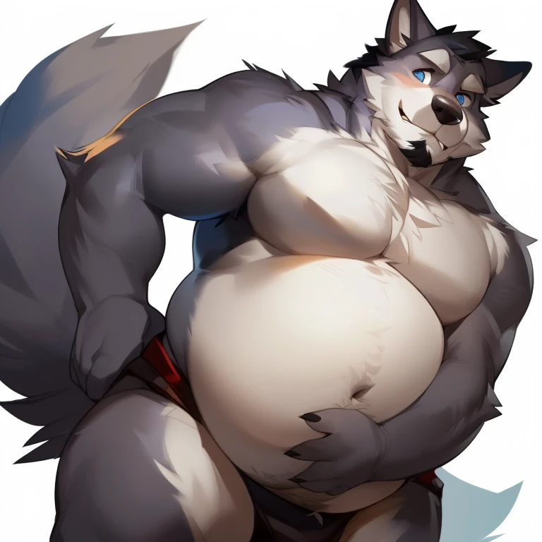 solo, male, werewolf, wolf, canine, chubby, musclegut, mature male, facial hair, young, nervous, insecure, arm at side, arm on belly, grey fur, blue eyes, body hair, half-body, white background, by mystikfox61, by darkgem, by glitter trap boy, by bebebebebe