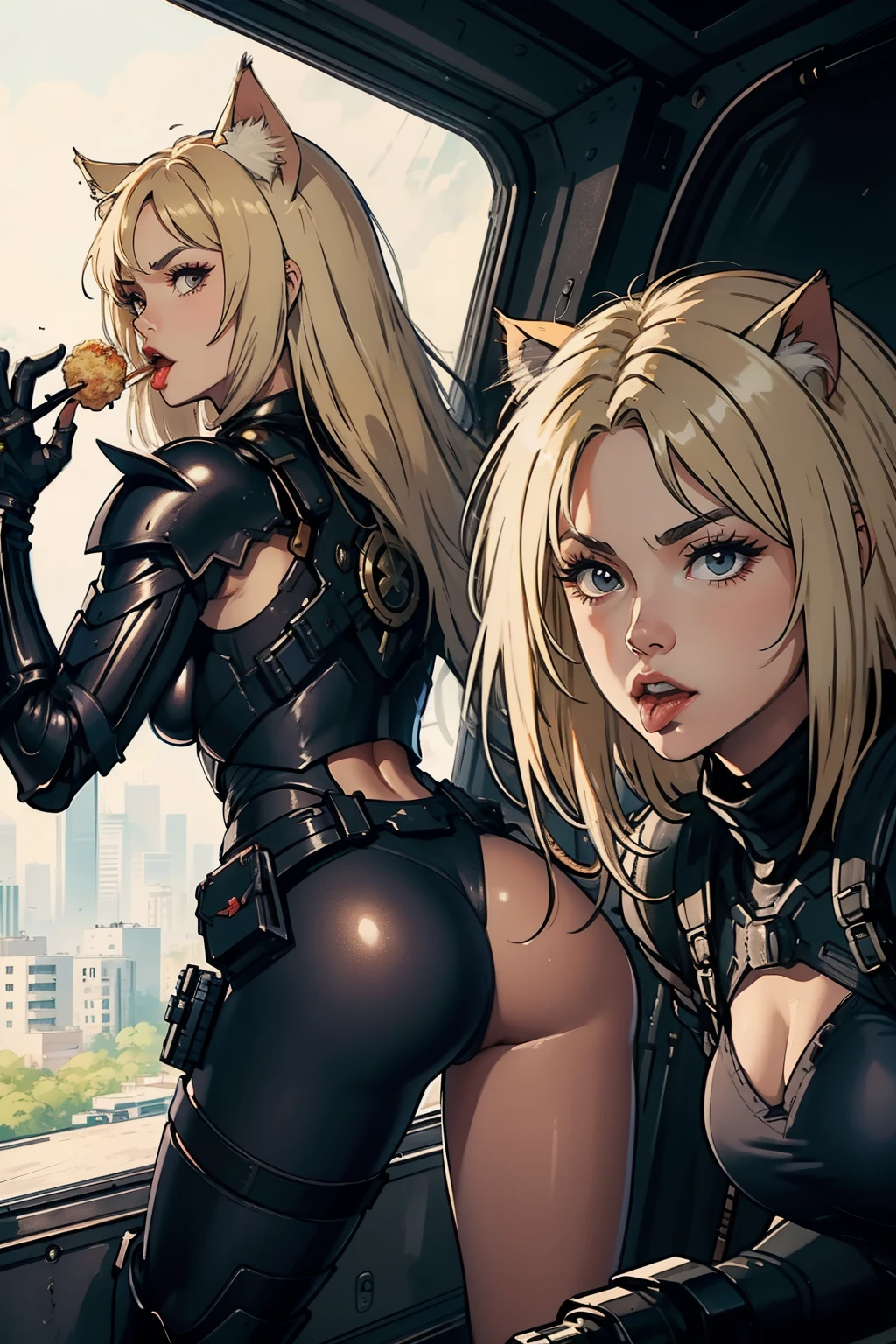 ((highest quality)), ((masterpiece)), (be familiar with), (High definition), 8K, perfect face、2 women、Two blonde women with cat ears、(Eating takoyaki:1.0), (mouth wide open)、tall、2 Blonde cat ears、2. Long Hair、2. Volumetric hair style、big breasts、constricted waist、big ass、glamorous、Glamorous、protector、Armor、combat suit、combat boots、armed、Equipped with large firearms、In front of the tank、cinematic、best shadow、side lighting、NEO TOKYO、explosion、(close up of face)