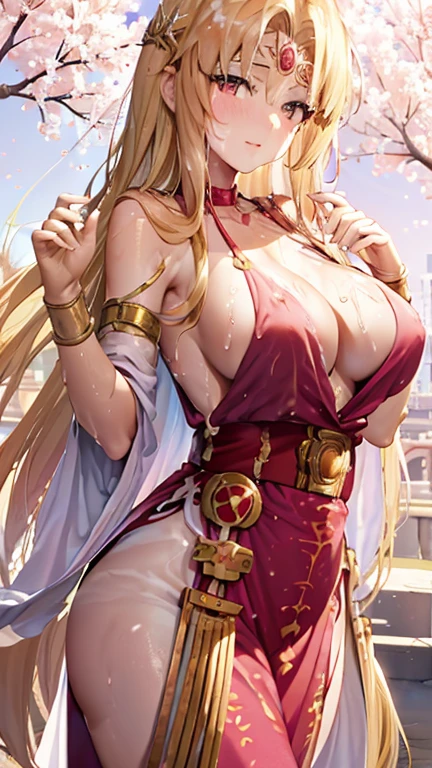 blonde very long hair, red eyes, wearing a sexy pink dress, ultrasharp, looking at the viewer, ((best quality)), ((masterpiece)), (detailed), perfect face, big breast, sexy body, sexy woman besides her, hugged, An anime scene of two girls hugging and kissing intensely, with hearts and sparkles floating around them as they stand under the cherry blossoms in a dreamy park