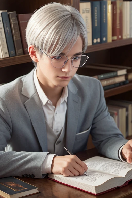 eye reflection, silver hair, library, young men, Read quietly, One-handed glasses, Surrealism, 8k, ccurate, super detail