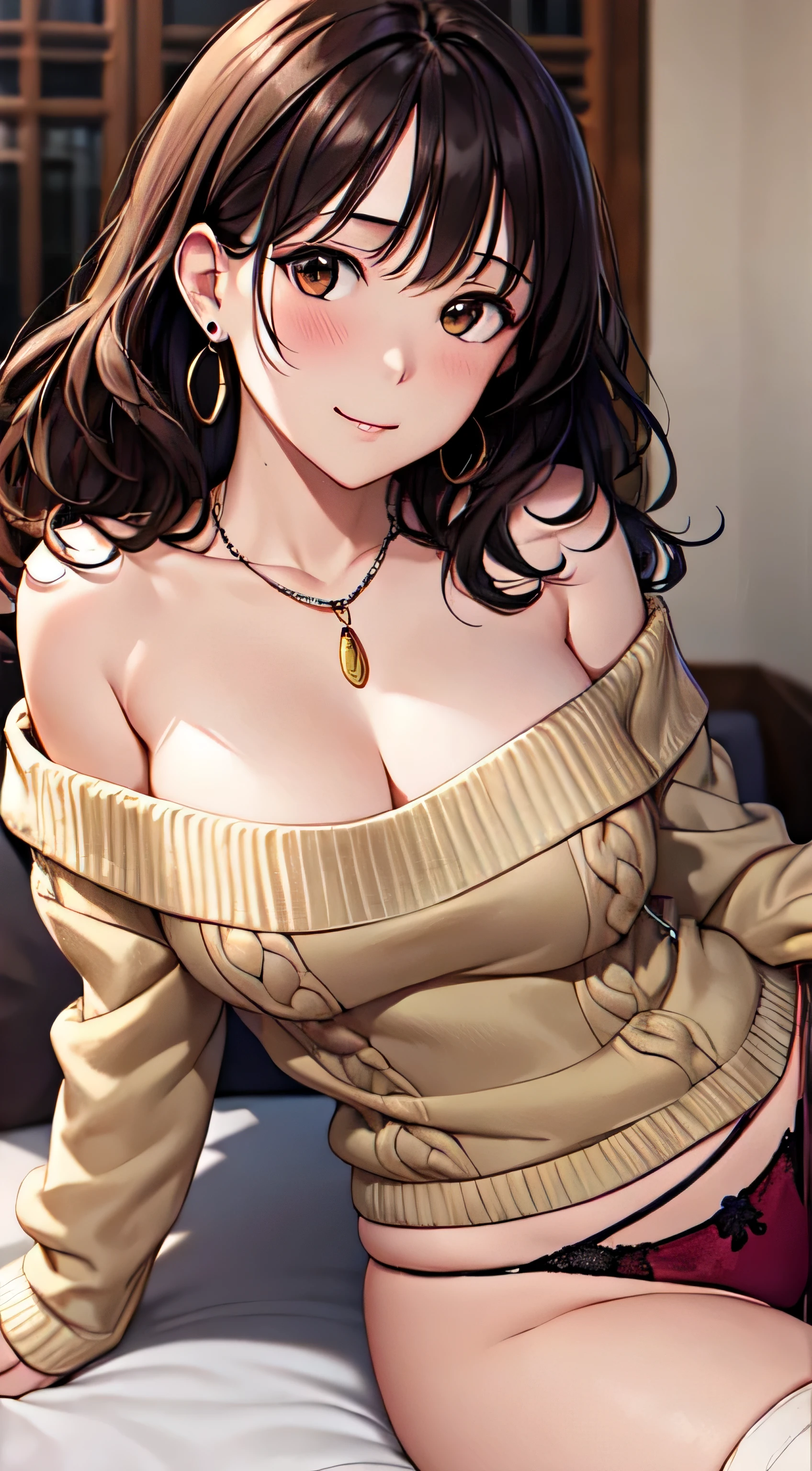 (table top, highest quality, High resolution, , perfect pixel, 4k,), 1 girl, single, alone, Beautiful woman、I could see the whole body、 ((wavy middle hair, bangs, brown hair)), ((brown eyes, beautiful eyelashes, realistic eyes)), ((detailed face, blush:1.2)), ((smooth texture:0.75, realistic texture:0.65, realistic:1.1, Anime CG style)), medium breasts, dynamic angle, perfect body, ((Pink lace panties are visible, beige off shoulder sweater、、black stockings、cute necklace、earrings、)), upper grade、shy smile、Luxury hotel room、sleep on your back in bed、((open legs))、angle from below、Put your arms together to accentuate your cleavage、、(())、