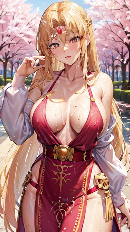 blonde very long hair, red eyes, wearing a y pink dress, ultrasharp, looking at the viewer, ((best quality)), ((masterpiece)), (detailed), perfect face, big breexy bodyexy woman bdes her, hugged, An anime scene of two girls hugging and kissing intensely, with hearts and sparkles floating around them as they stand under the cherry blossoms in a dreamy park