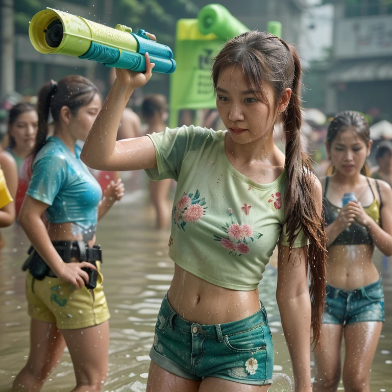 beautiful girl,Long hair, green ponytail,Wear a thin shirt with a floral pattern.,shorts,holding a water gun,splashing water,among people,Songkran Festival,in the city,Highly detailed,close range