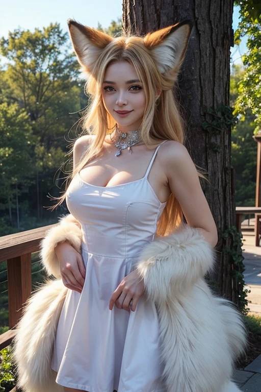 ((highest quality)), ((masterpiece)), (get used to it), perfect face, fox girl, Beautiful woman, public, A tail is growing, she has a fluffy tail, she has a fox tail, she shows her tail, smile, She wears a dress, beautiful hips, big breasts , big tail, Tail from One Piece