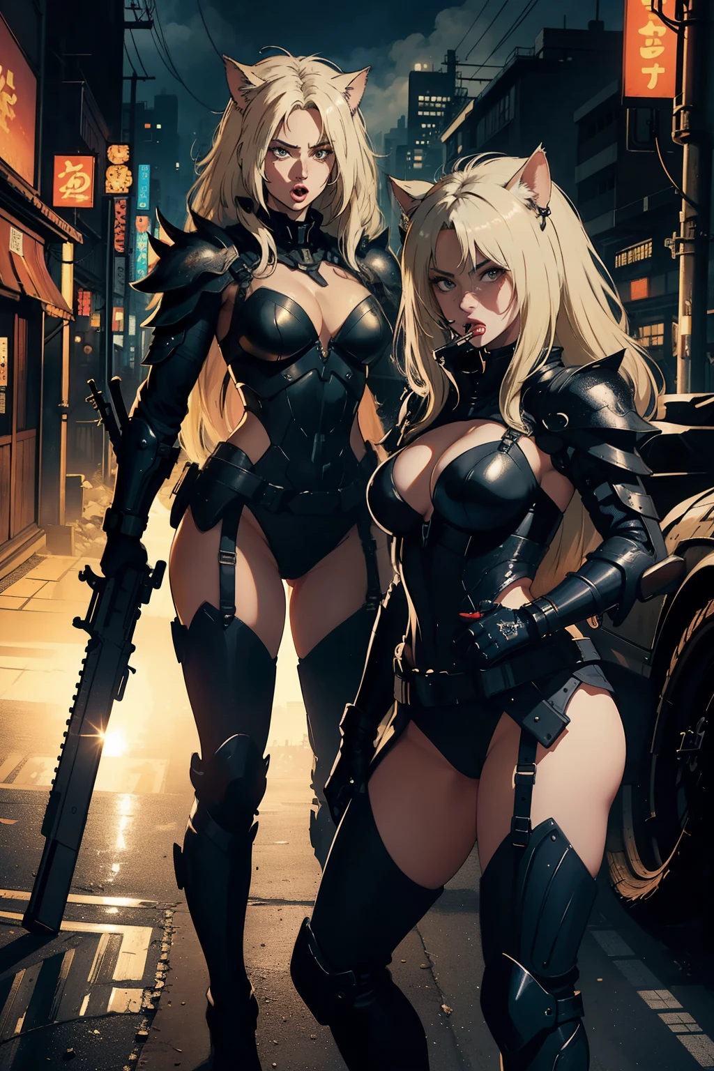 ((highest quality)), ((masterpiece)), (be familiar with), (High definition), 8K, perfect face、2 women、Two blonde women with cat ears、(In combat), (mouth open)、tall、2 Blonde cat ears、2. Long Hair、2. Volumetric hair style、big breasts、constricted waist、big ass、glamorous、Glamorous、protector、Armor、combat suit、combat boots、armed、Equipped with large firearms、In front of the tank、cinematic、best shadow、side lighting、NEO TOKYO、explosion、(close up of face)