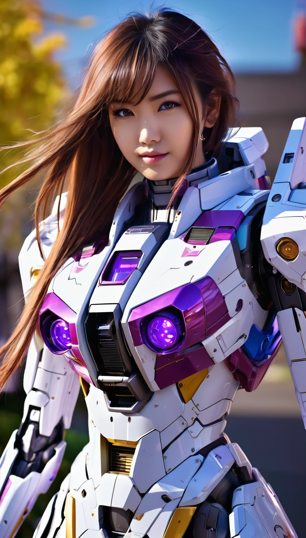 RAW, Masterpiece, Ultra Fine Photo,, Best Quality, Ultra High Resolution, Photorealistic, Sunlight, Full Body Portrait, Stunningly Beautiful,, Dynamic Poses, Delicate Face, wearing a mecha detector glass future transparent neon, Vibrant Eyes, a full body of a woman in a purple and white gundam custume, dybamic pose, long brown very very long hair rapunzel, girl in mecha cyber armor, portrait armored astronaut girl, d. va from overwatch, female mecha, on a gundam, gundam head, chiho aoshima color scheme, mobile suit, streamlined purple armor, fully robotic!! girl, realistic cosplay, gundam armor (dynamic pose) (best cameraview), full body, sit down, full body