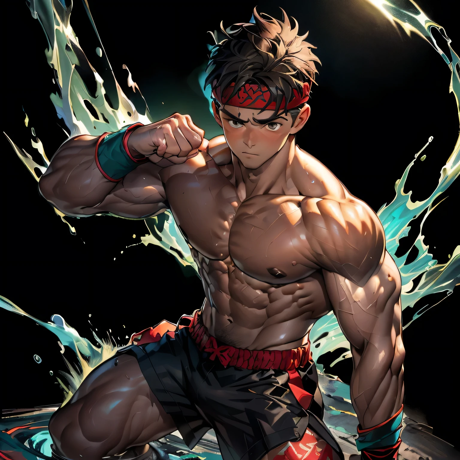 (Masterpiece, Best quality 19 year old boy, black background), solo, Young, boy, muscler, Shirtless, ???????, (Dark Short straight hair, under cut, brown eyes), (red headband, ((black wristband))), Vivid colors, (hot Abs:1.2, abs!, big abs, big ??????:1.2, ?????!, muscler upper arms, clenched fist), (??????? male), muscler!, muscler body, Man with martial arts stance, (aura power:1.4), detailed face, detailed muscle, (((A magical turquoise mystical aura, random fighting pose, powerful, action, rippling muscles, fighting with enemy, concentrate, Fotografia de combate)))
