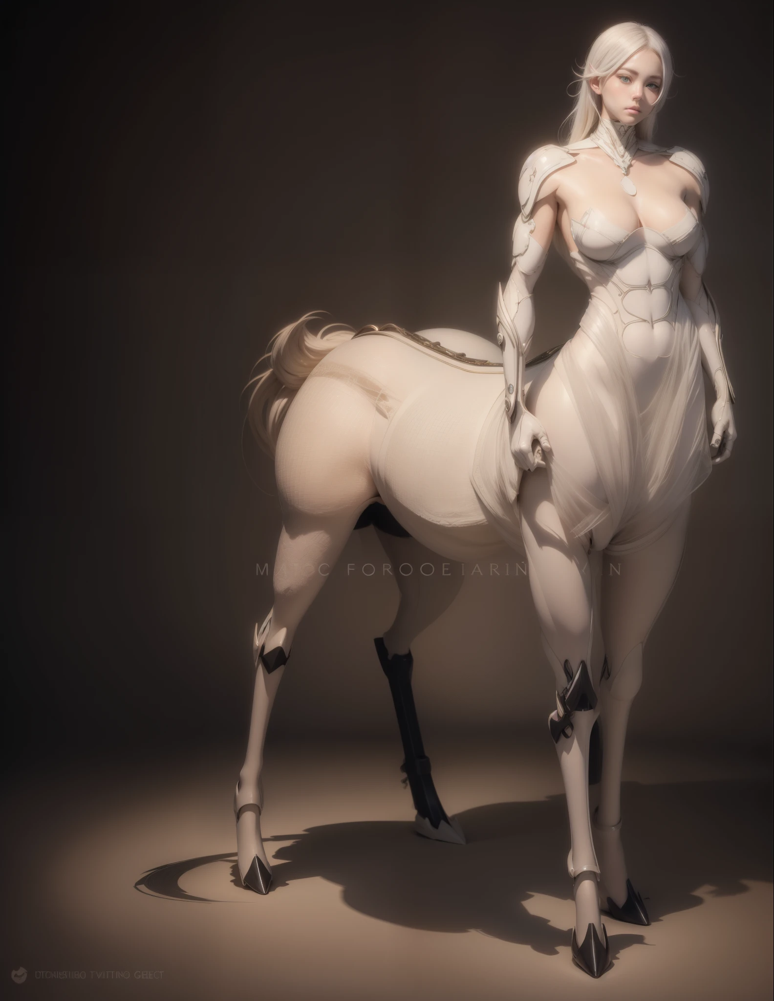 1 centaur girl，four legs，perfect body proportions，(10, masterpiece, best quality), Ultra-detailed, Beautiful eyes and beautiful details, Beautiful and delicate face, high quality, high resolution, beautiful hairstyle, realistic eyes, beautiful details eyes, (Realistic skin), facing the audience, Girl in sexy dress, huge cleavage, Transparent white tights, Mecha, ruins, single, empty eyes, Poker face, short hair white hair, Mechanical prosthesis, Mechanical legs, Knee Dagger, stand, Sexy, Unreal 5, Full shooting angle，
