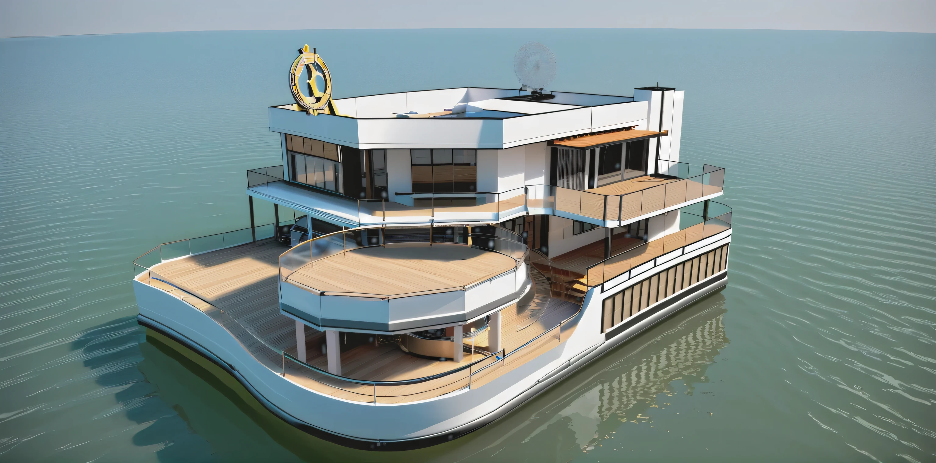 a rendering of a houseboat with a deck and a boat, perspective view, mantra rendering, bw 3 d render, conceptual rendering, concept drawing, 3 d rendering, 3d rendering, 3 d renders, detailed rendering, rendered 3d model, detailed renderings, 3d rendered model, architectural concept, rendered, detailed render, final render, digital rendering