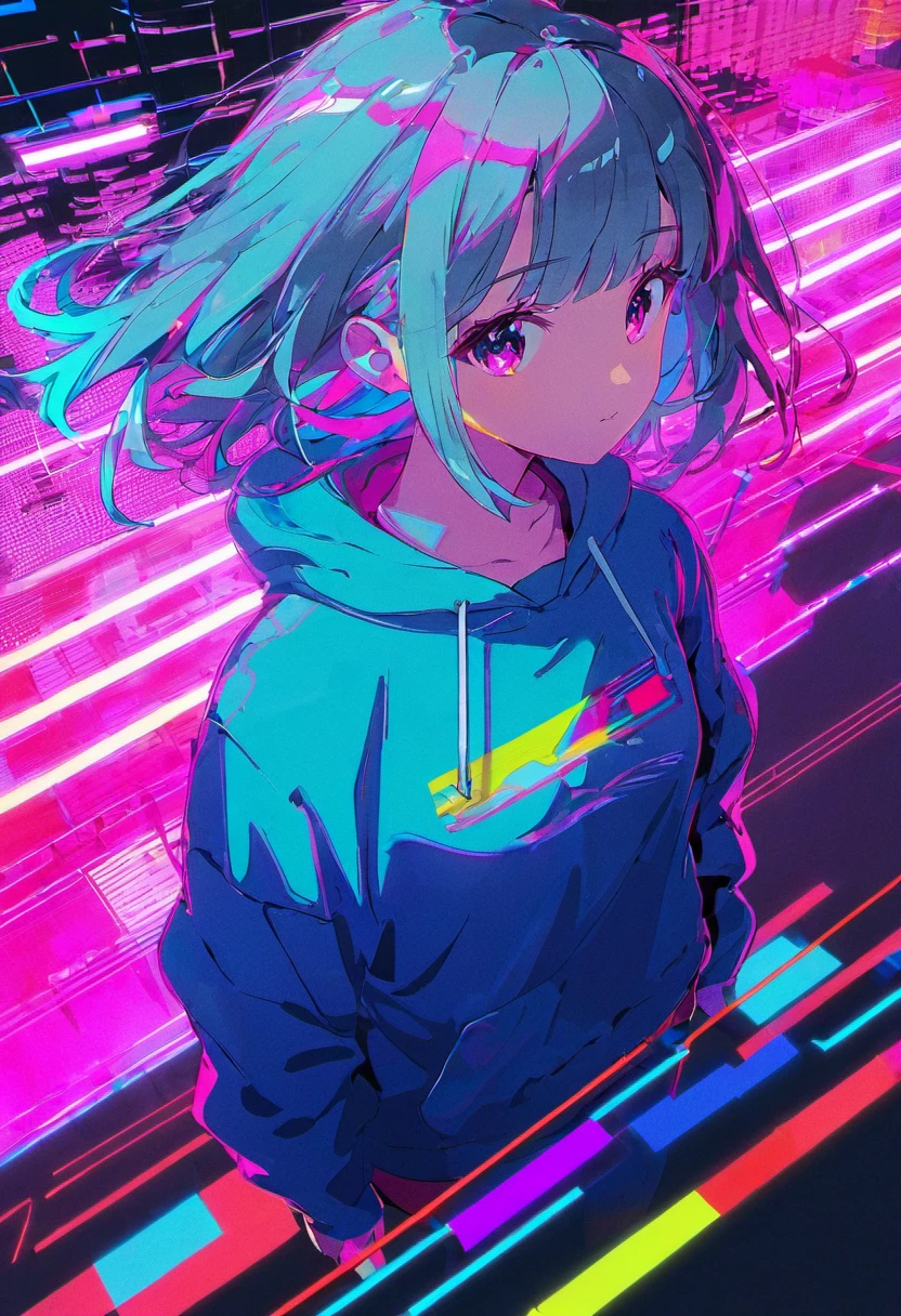 Girl,neon glitch, hoodie, high view