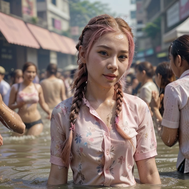 pretty girl,beautiful,pink braid hair,Wear a thin, floral shirt.,splashing water,among people,middle of city street,Songkran Festival,Highly detailed,