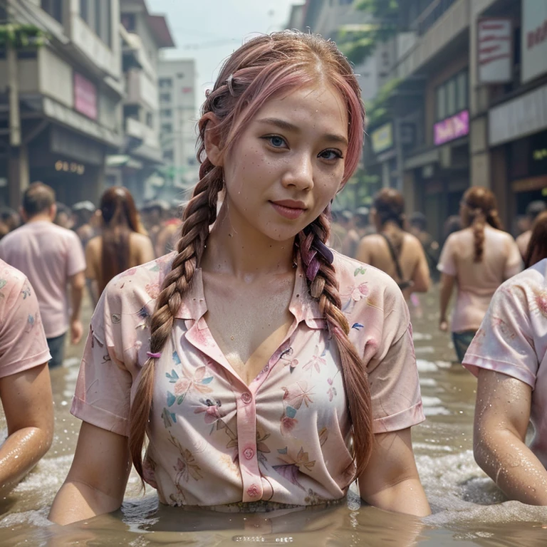 pretty girl,beautiful,pink braid hair,Wear a thin, floral shirt.,splashing water,among people,middle of city street,Songkran Festival,Highly detailed,