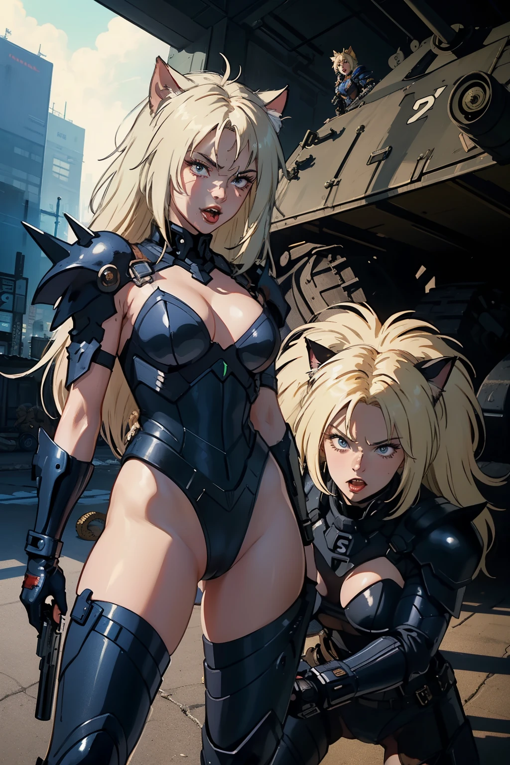 ((highest quality)), ((masterpiece)), (be familiar with), (High definition), 8K, perfect face、2 women、Two blonde women with cat ears、(In combat), (mouth open)、tall、2 Blonde cat ears、2. Long Hair、2. Volumetric hair style、big breasts、constricted waist、big ass、glamorous、Glamorous、protector、Armor、combat suit、combat boots、armed、Equipped with large firearms、In front of the tank、cinematic、best shadow、side lighting、NEO TOKYO、explosion、(close up of face)