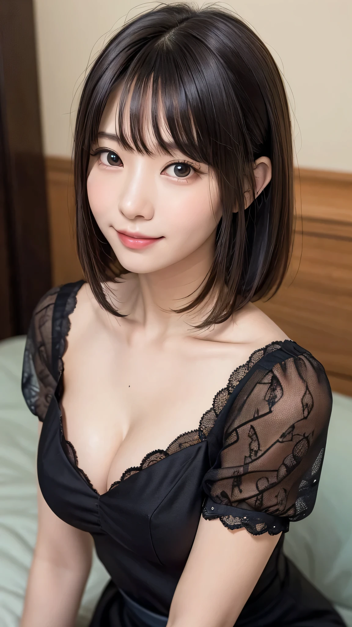 bright expression、photorealistic stick:1.32、highest quality、超A high resolution、Photos of the most beautiful Japan girls、cute and beautiful face details、small face、(face to face with the children_V1:0.008)、beautiful bangs、、radiant white skin、hair gets tangled in face、Bangs that extend all the way to your face、bangs、hair between eyes、super long hair、charming brown silky hair、bright、Clear light blue eyes shine charmingly、ample breasts、Dynamic pose highest quality、confused、((the cutest girl in the world))、Japanese、14 years oldlace dress:1.3))、(half up hair:1.3)、(Tie with a thin ribbon)、nice and cute、innocent smile、nice smile、cleavage、(big breasts:1.3)、ponytail、brown hair、thin waist、detailed beautiful eyes、look forward、Upper body、close up of face、Front view、