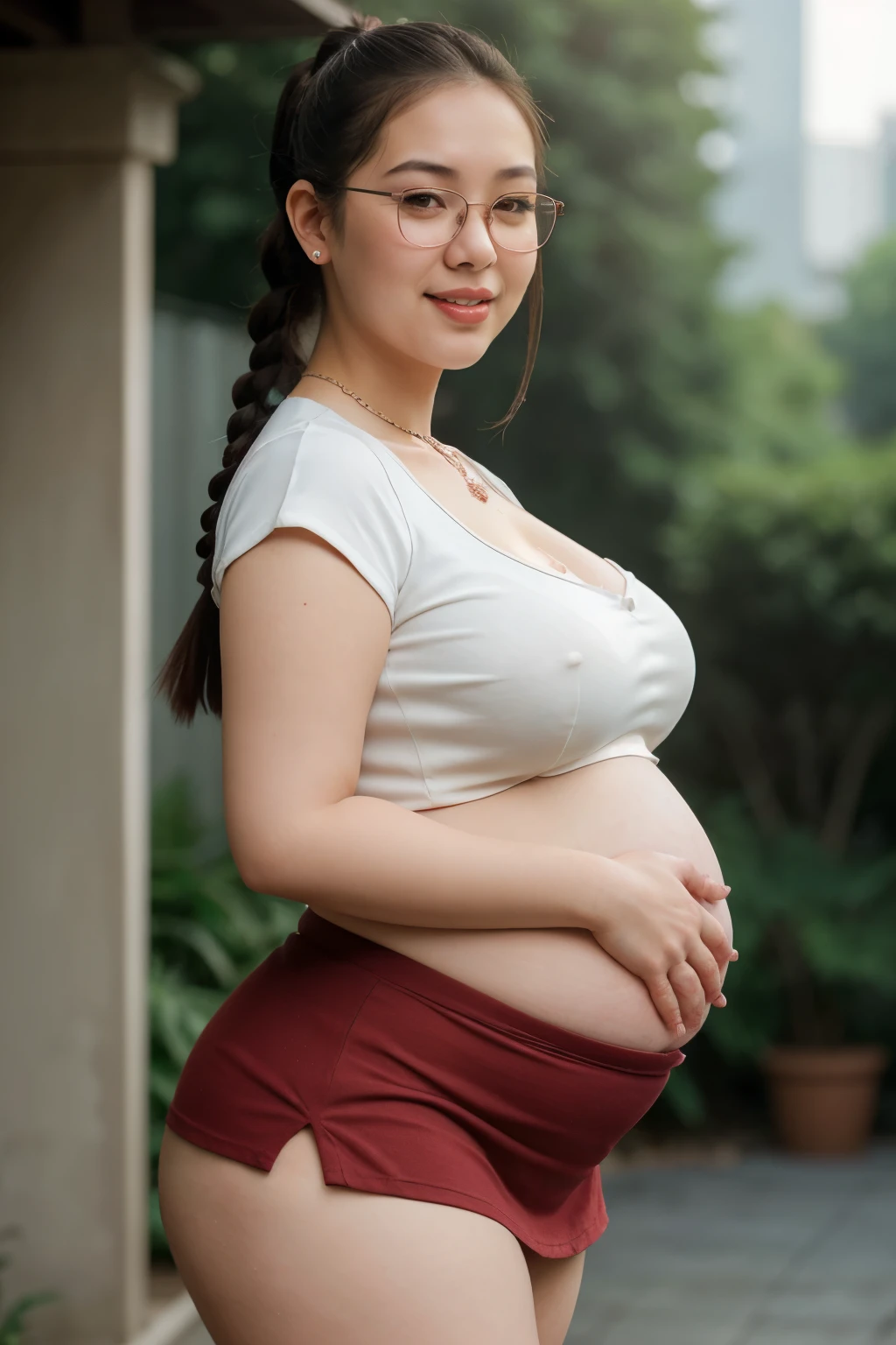 best quality, portrait of 20 years old woman, beautiful asian face, black hair, pudgy cheeks, (chubby:0.9), (huge pregnant), curvy thighs, short sleeve blouses button, pleated mini skirt, cleavage, white pale skin, red lips, bust photo, raw photo 8k, wallpaper official art, seductive smile, closed mouth, ponytail french braid, (full body:0.9), diamond necklace, semi rimless glasses, standing, outdoor shot, lens flare, building, shot from front