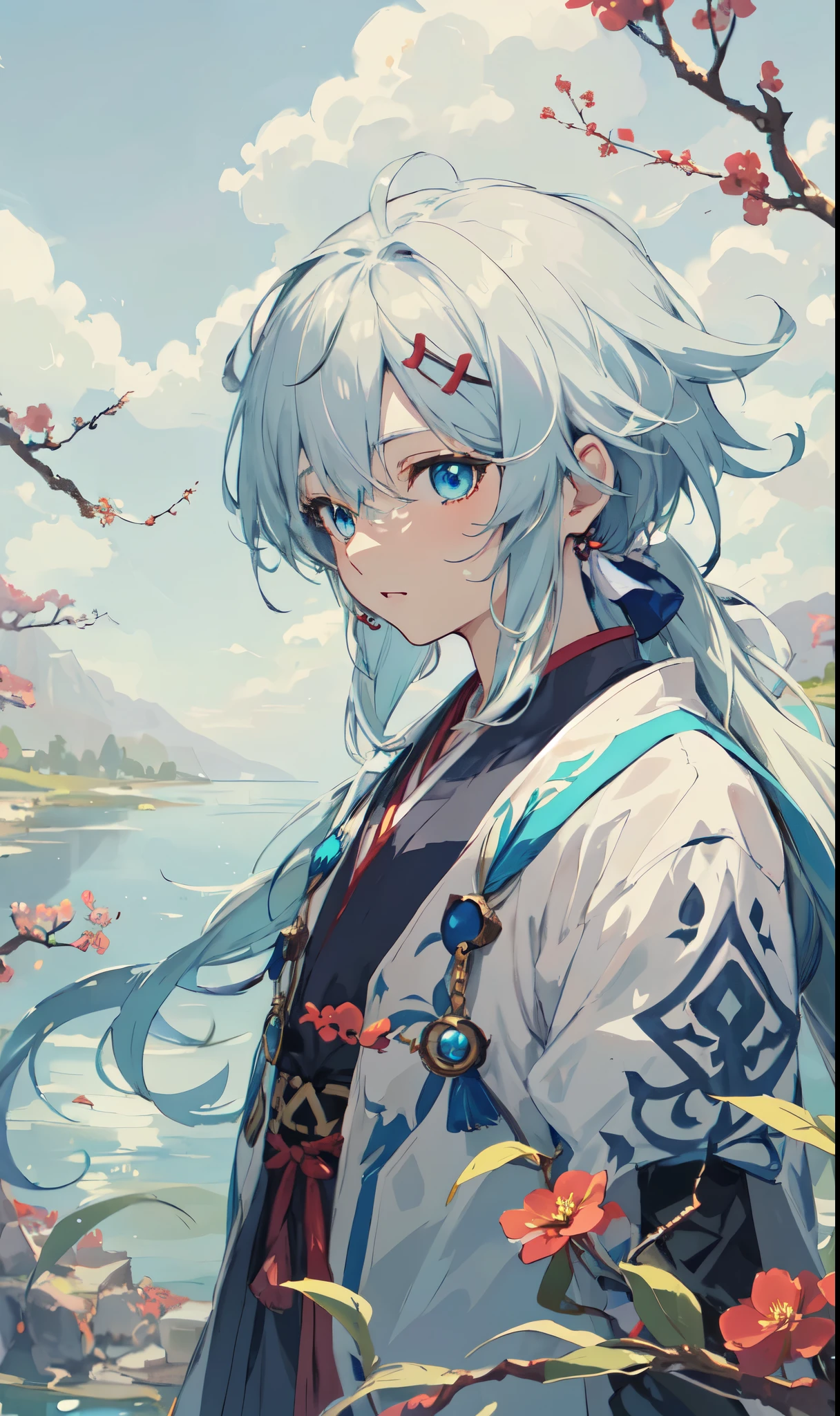 Anime character with white hair and blue eyes standing by the lake，Wearing white Hanfu clothing，《Genshin》Tokiharu，Anime tribe rapunzel girl，Cute anime characters with blue eyes，White-haired God，female anime characters，Anime beauty avatar，anime girl，Detailed anime character art