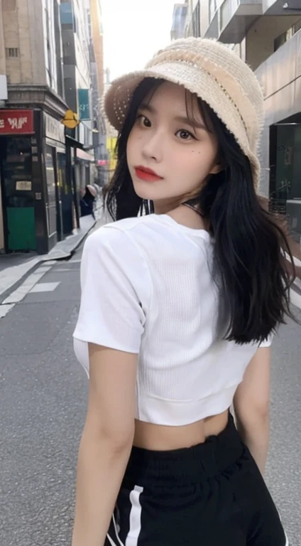 ((best quality, 8K, masterpiece: 1.3)), (flower hat: 1.3), focus: 1.2, perfect body beautiful: 1.4, buttocks: 1.2, (layered hairstyle: 1.2)), (dark street: 1.3), Highly detailed facial and skin textures, whole body, exquisite eyes, double eyelids, skin whitens, long hair, (round face: 1.5), (Loose crop top, shorts: 1.6),girl,black hair, black eyes , ((Live action style)), White shirt