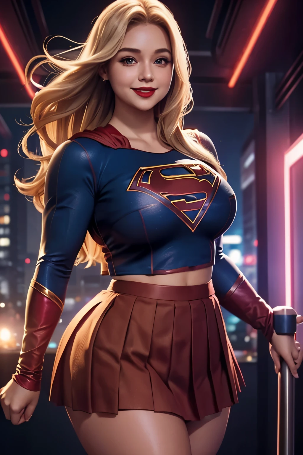 Supergirl, 28 years old, Beautiful woman long blonde hair, defined body, big breasts, big breasts, big breasts, Red lipstick, smiling slightly, hands free, Parading, (( cropped top short long sleeve and pleated skirt of supergirl)), strip club, dance pole, (curvy:1.5)