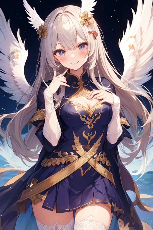 beautiful illustrations, highest quality, pretty girl,美girl、clear face、 half girl、pastel colour 、blush、perfect hands、five fingers、fantasy、fantasy、thighs、(perfect face:1.1), (high detail:1.1)、smile、Angel、white feathers、white wings、girl