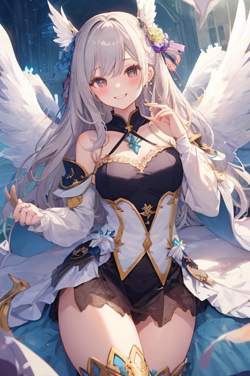 beautiful illustrations, highest quality, pretty girl,美girl、clear face、 half girl、pastel colour 、blush、perfect hands、five fingers、fantasy、fantasy、thighs、(perfect face:1.1), (high detail:1.1)、smile、Angel、white feathers、white wings、girl