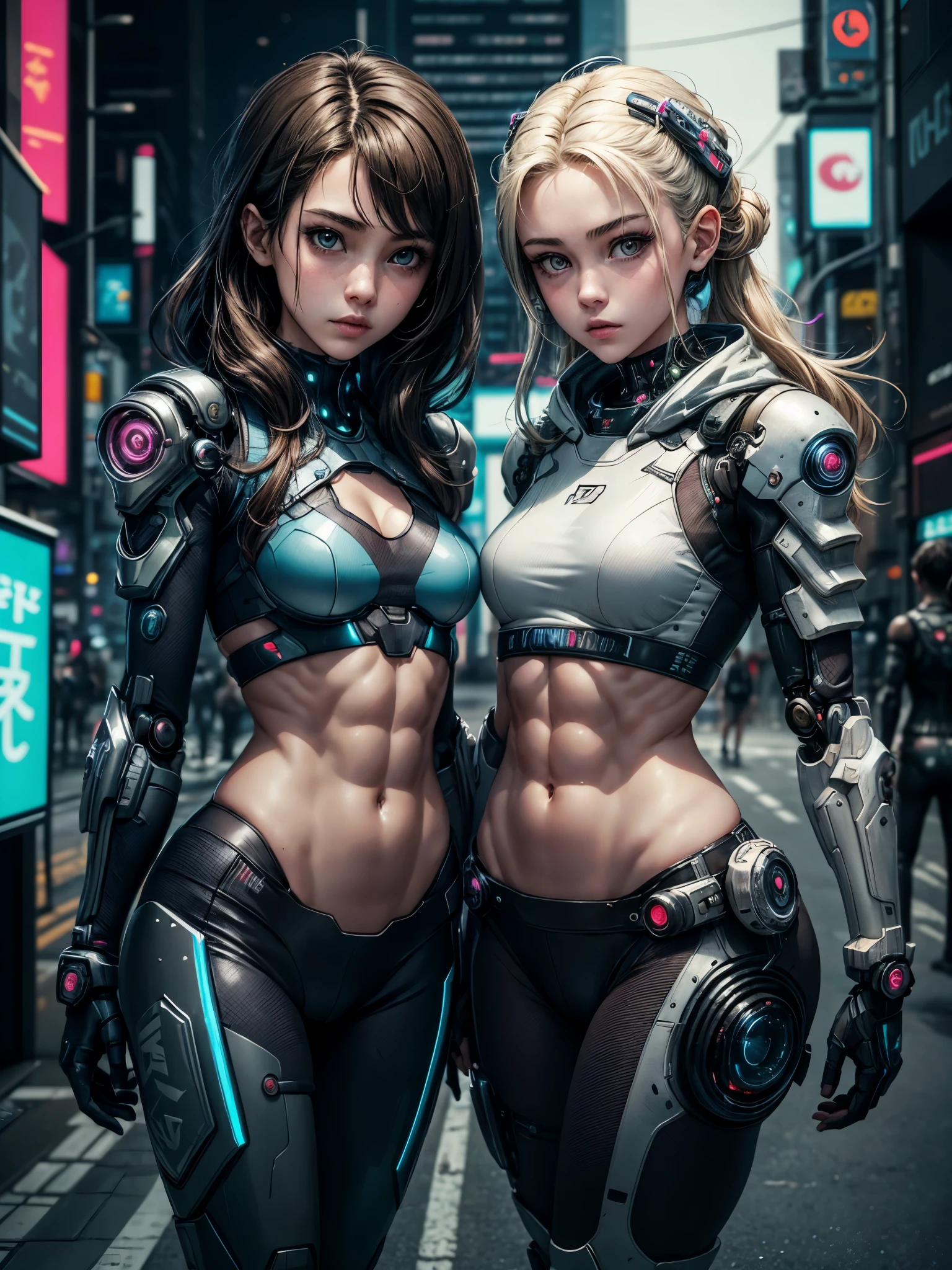 high quality, ​masterpiece, two close friends, Beautiful tween girls, skinny, small skinny girls, cute girl face, cyberpunk, Wearing futuristic robotic tactical armor cyberpunk suit with cutouts showing abs, athletic body, innocent, playful, Famous actresses of Japan, very beautiful face