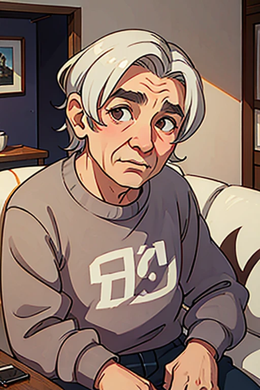 80 year old grandpa with wrinkled face Being in the living room