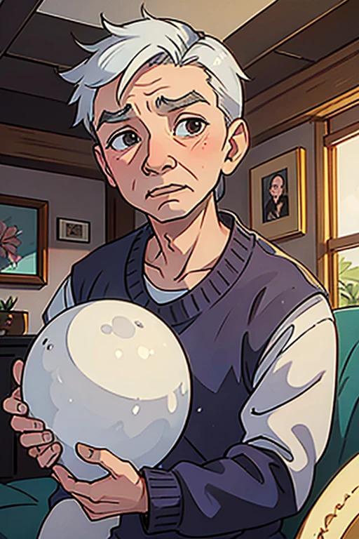 80 year old grandpa with wrinkled face　Being in the living room