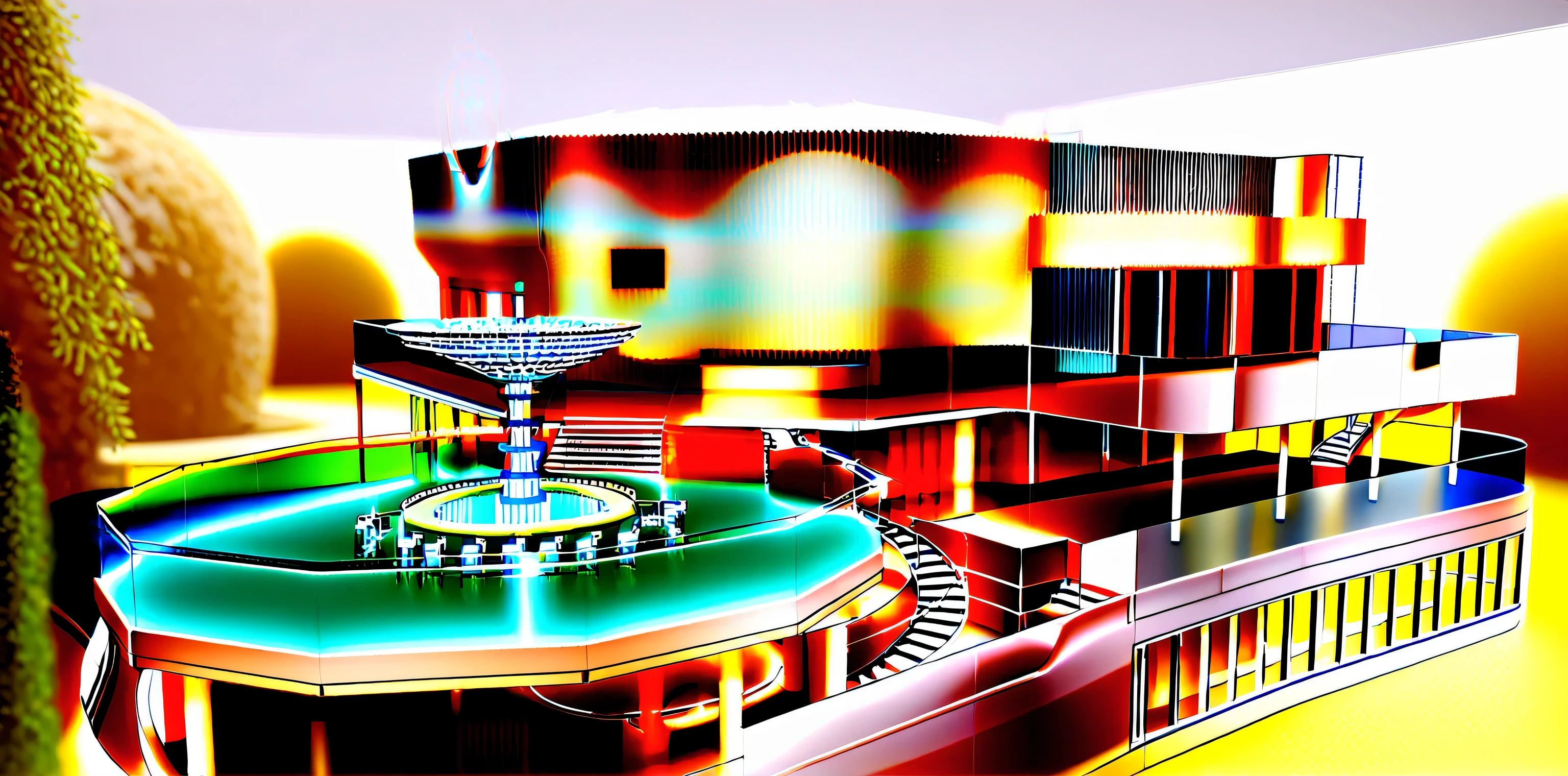 a rendering of a house with a spiral staircase and a fountain, raytraced 3d set design, conceptual rendering, detailed rendering, rendering of checkmate, bw 3 d render, architectural concept, high detail render, detailed renderings, complex 3d render, complex 3 d render, detailed render, mantra rendering, digital rendering, low angle dimetric rendering, imax render