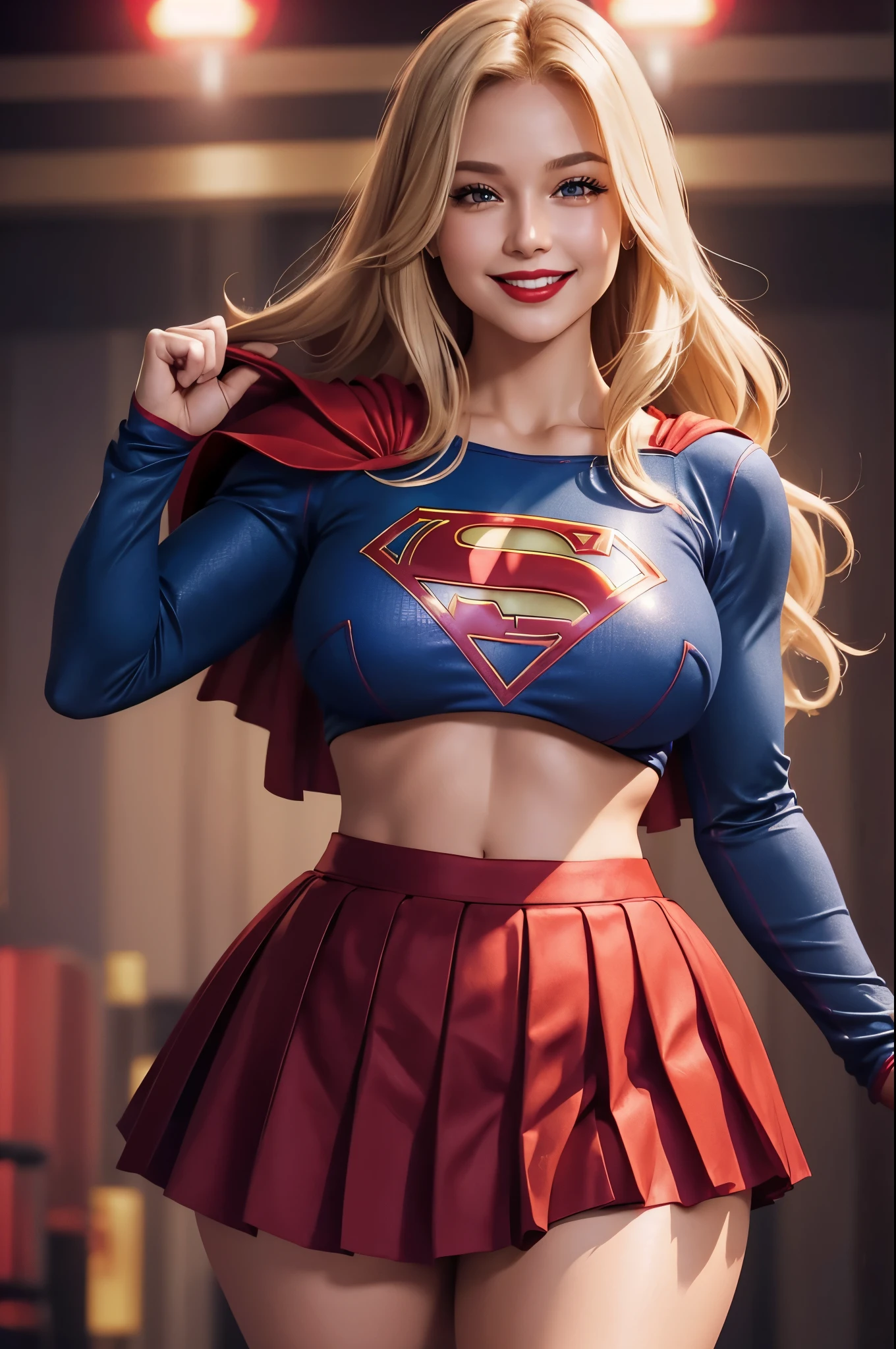 Supergirl, 28 years old, Beautiful woman long blonde hair, defined body, big breasts, big breasts, big breasts, Red lipstick, smiling slightly, hands free, Parading, (( cropped top short long sleeve and pleated skirt of supergirl)), strip club, dance pole, (curvy:1.3)