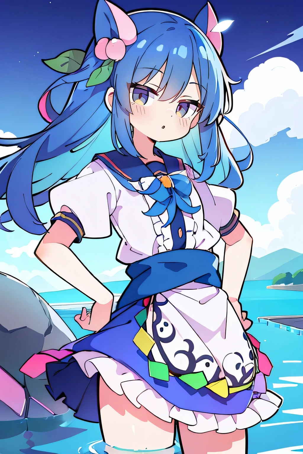 (masterpiece),best quality, expressive eyes, perfect face, 1girl,
Put your hands on your waist,fair, Gorgeous,Japanese cartoons,girl,lola,Hina Angel, blue hair, blue haired, floating clothes,Grab your waist, Grab your waist, hands on hips , hands on hips,flat chest,Lie in the pool,lake,Lie on the ground,