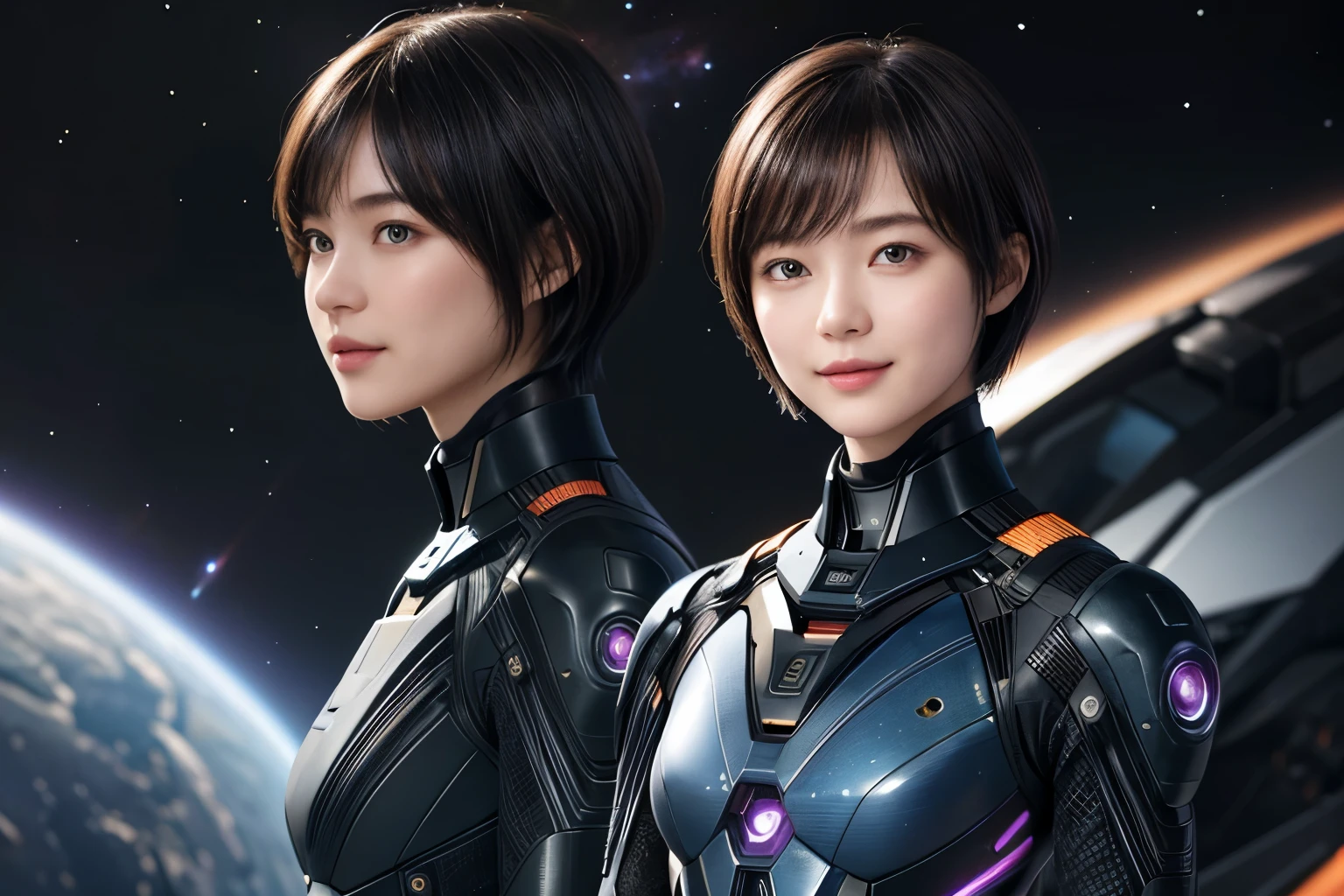 208 Short Hair, 20 year old female, Floral, gentle smile, futuristic clothes, mechanical suit, (The background is a galaxy and nebula)