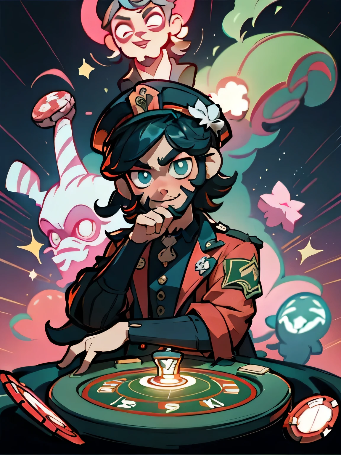In the vibrant hues of a comic strip, a young boy with a distinctive feature – a big nose and a full beard – is seated in the midst of an exhilarating casino setting. Perched atop his head is a quintessential white clover hat, adding a touch of charm and innocence to his appearance. Surrounding him, the dynamic landscape is dominated by an array of glowing casino machines, their flickering lights casting an enticing, hypnotic glow.
The cacophony of the casino comes to life through a machine's electronic voice; "Kike bets?" it quips, its metallic enunciation punctuated by the clatter of coins being disb